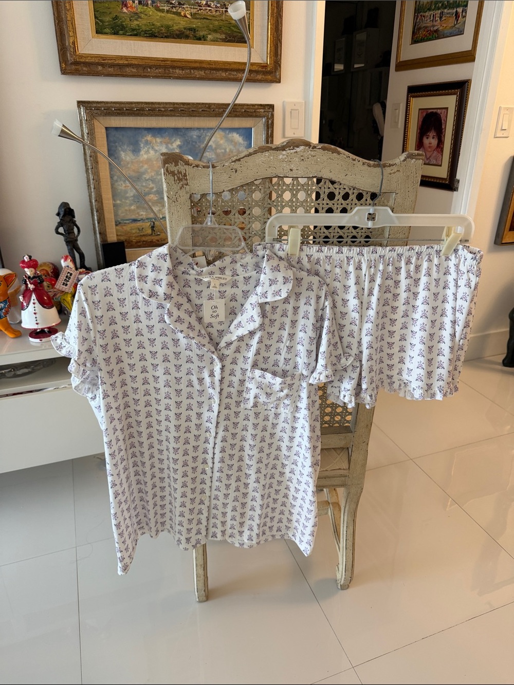 Laura Ashley White Short-Sleeve Cotton Pajama Set with Purple Floral Print